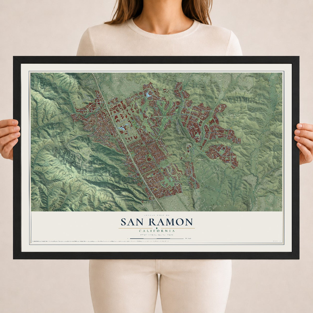 Map of San Ramon, California, 18 x 24 inch print in a black wood frame