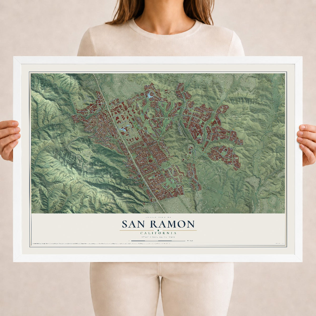 Map of San Ramon, California, 18 x 24 inch print in a white wood frame