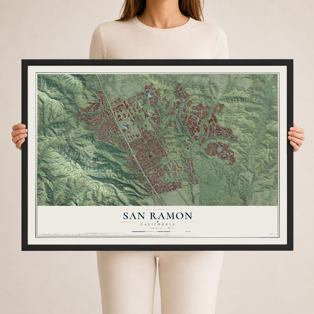 Map of San Ramon, California, 24 x 36 inch print in a black wood frame