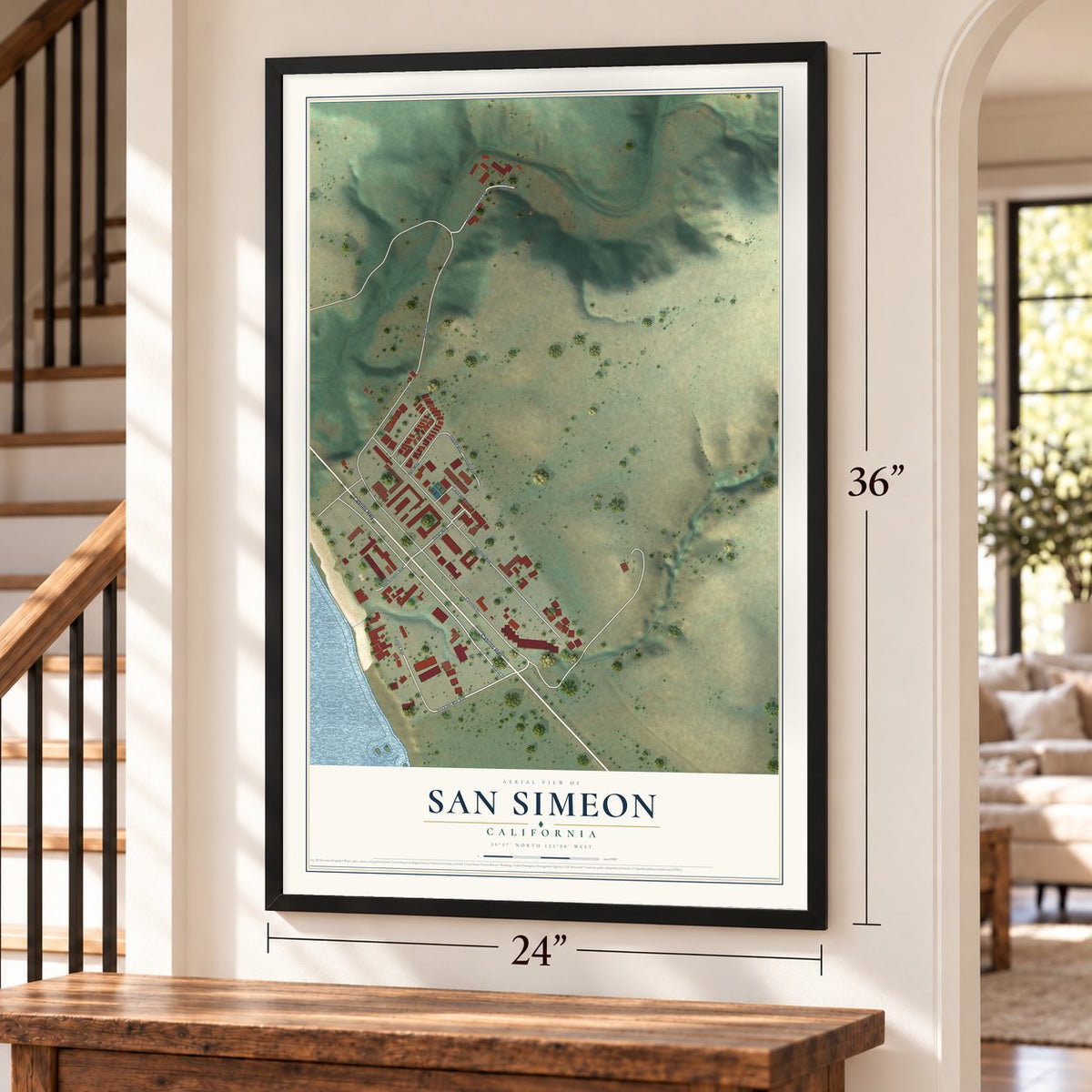 San Simeon, California map, 24 x 36 inch print in a black frame by a staircase