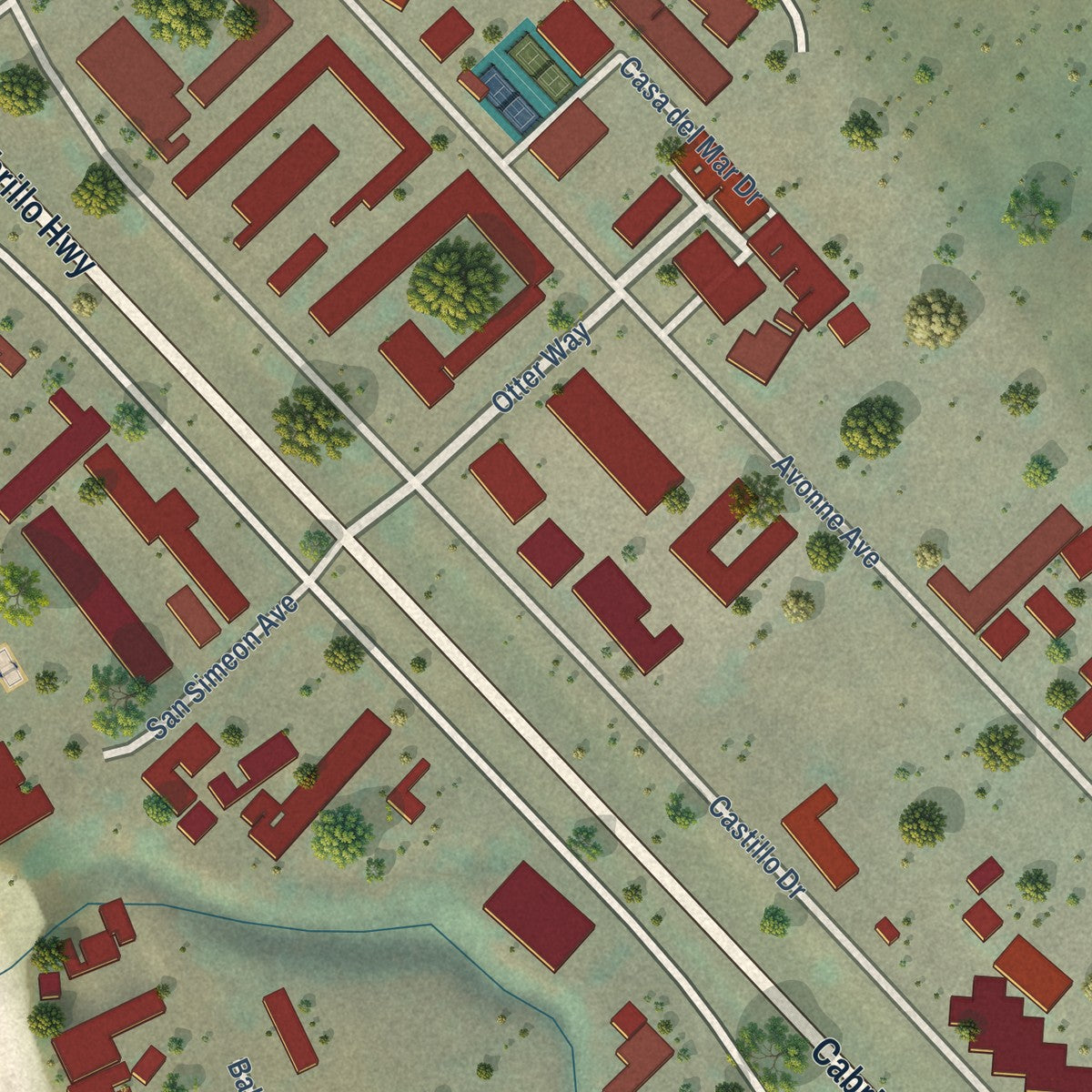 Close-up of the map of San Simeon, California print showing street and building detail