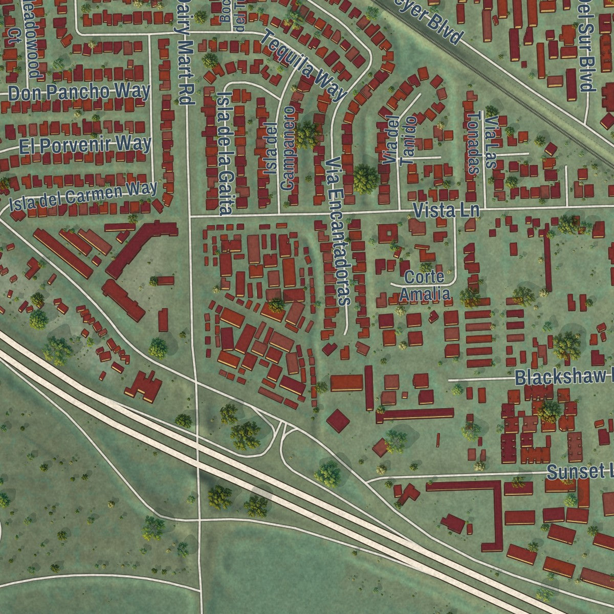 Second close-up of the map of San Ysidro, California print showing more streets and buildings
