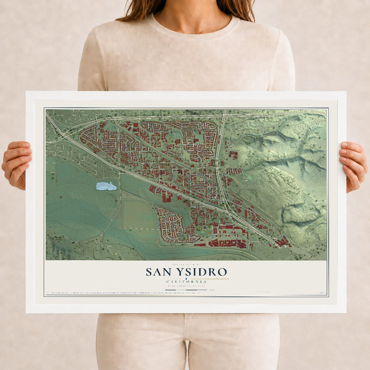 Map of San Ysidro, California, 12 x 18 inch print in a white wood frame
