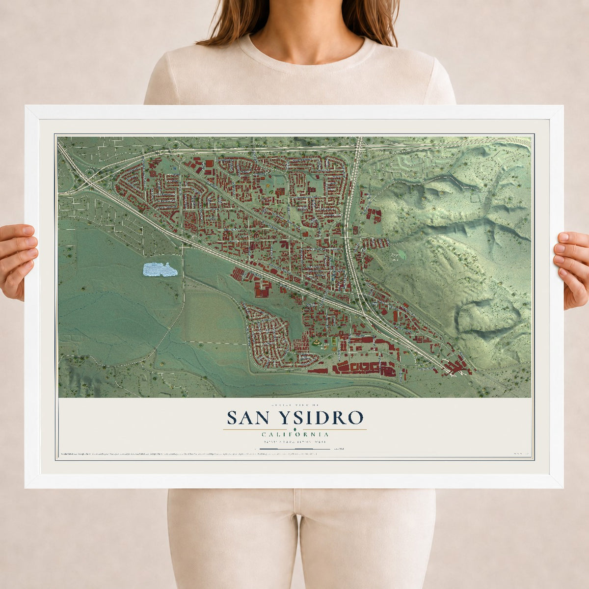 Map of San Ysidro, California, 18 x 24 inch print in a white wood frame
