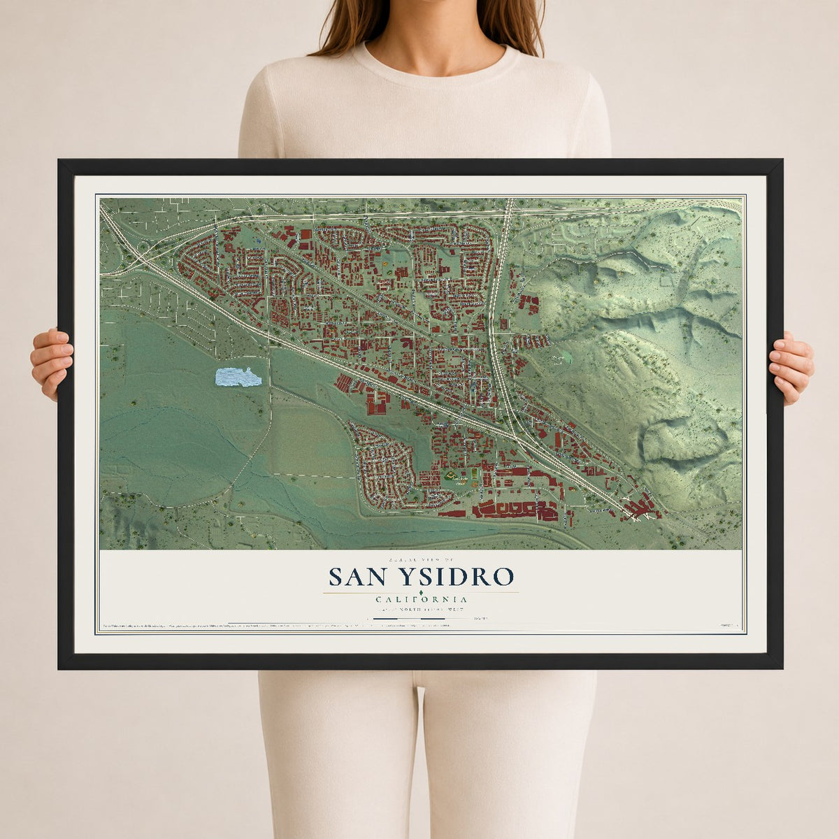 Map of San Ysidro, California, 24 x 36 inch print in a black wood frame