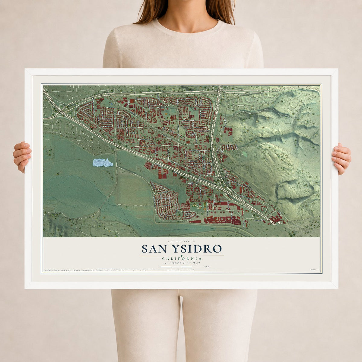 Map of San Ysidro, California, 24 x 36 inch print in a white wood frame