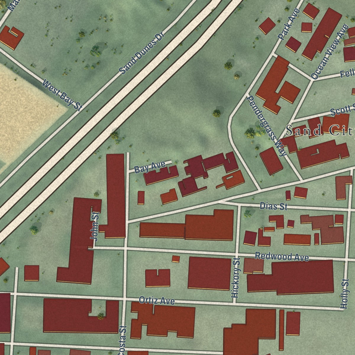 Close-up of the map of Sand City, California print showing street and building detail
