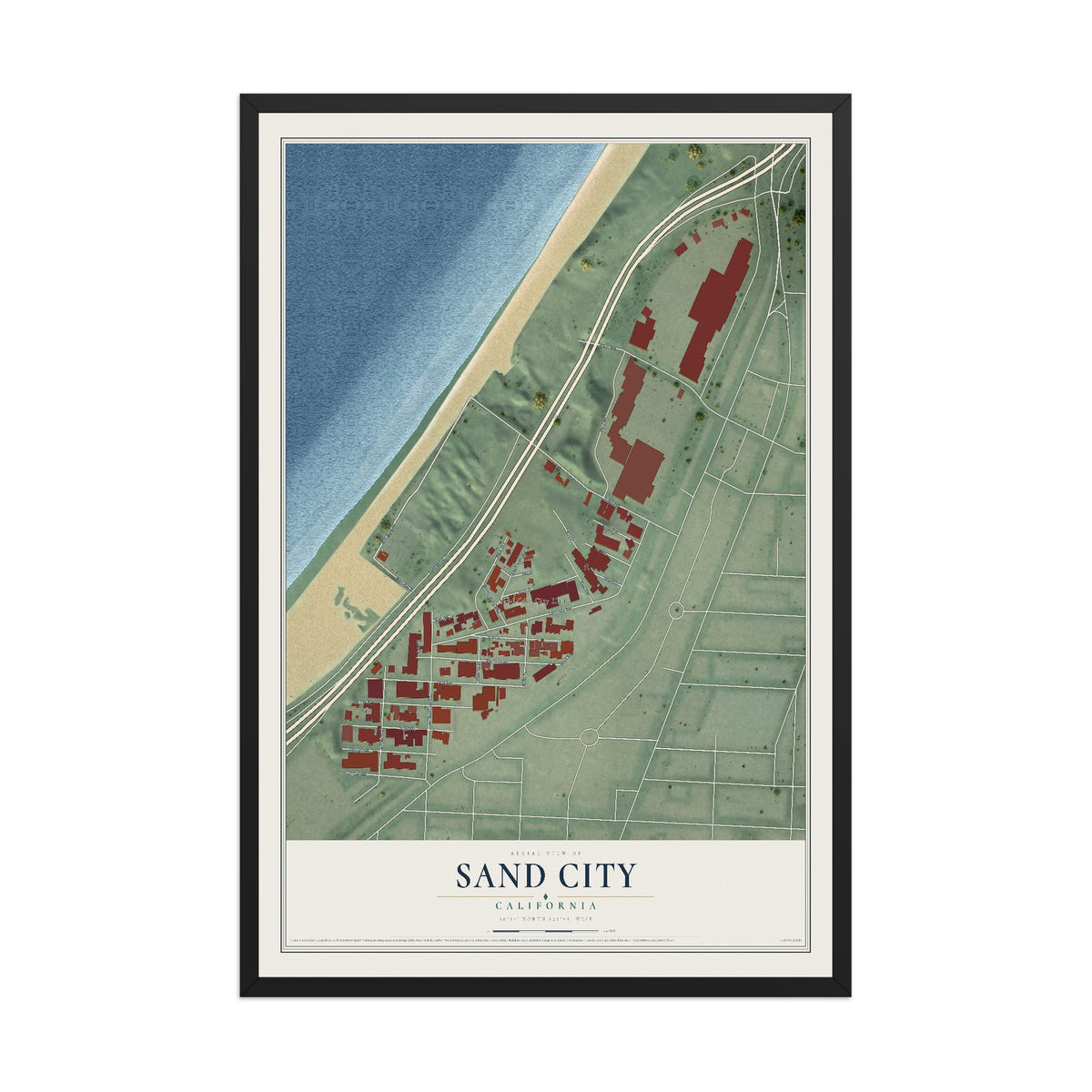 Map of Sand City, California, 12 x 18 inch print in a black wood frame