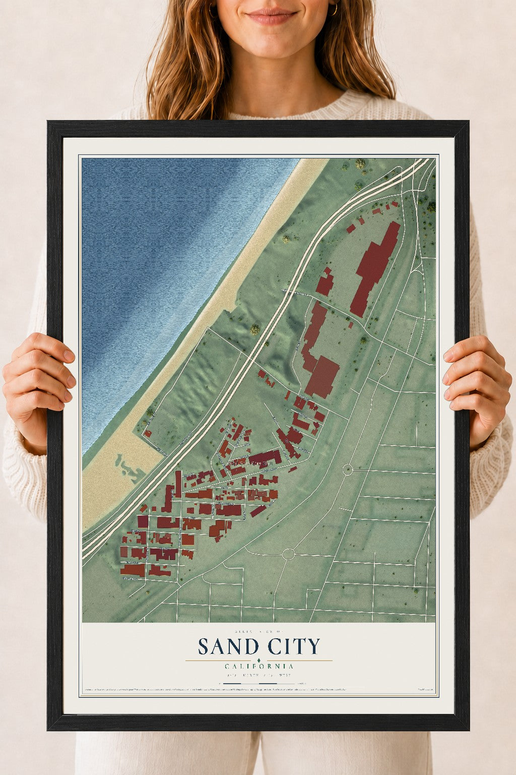 Map of Sand City, California, 18 x 24 inch print in a black wood frame