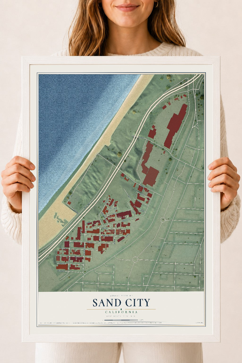 Map of Sand City, California, 18 x 24 inch print in a white wood frame