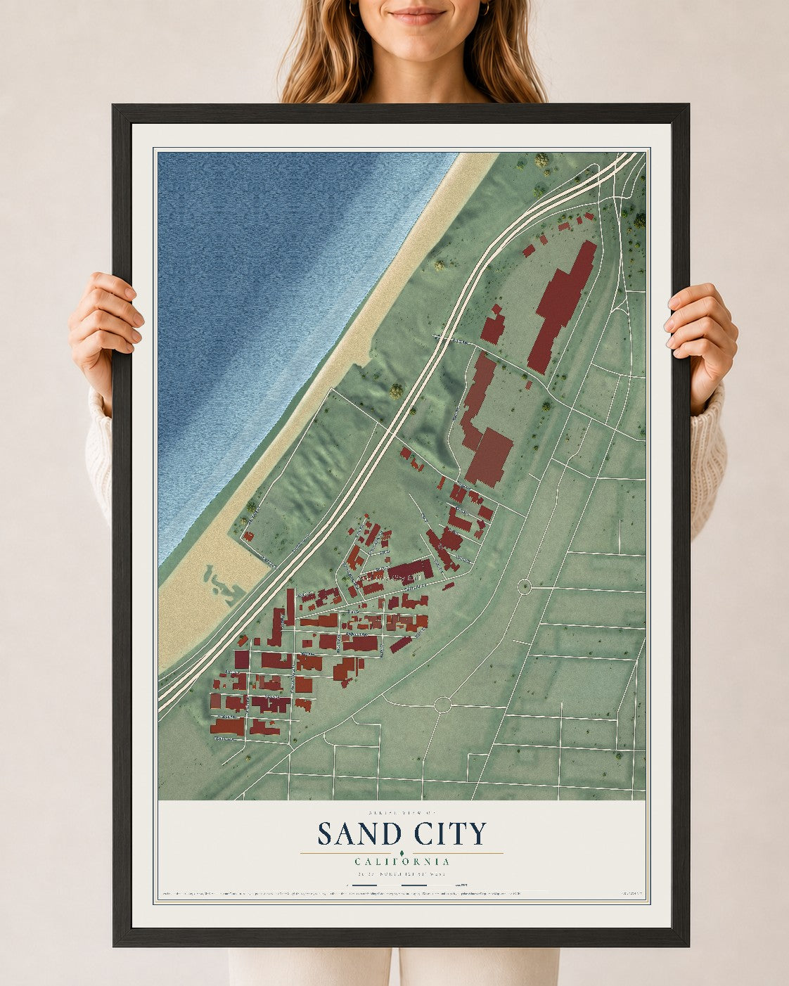 Map of Sand City, California, 24 x 36 inch print in a black wood frame