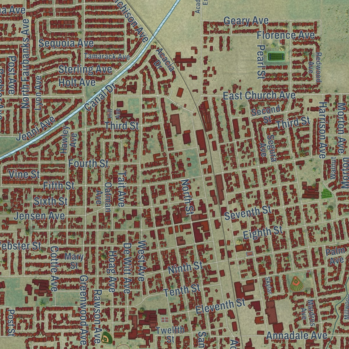 Close-up of the map of Sanger, California print showing street and building detail
