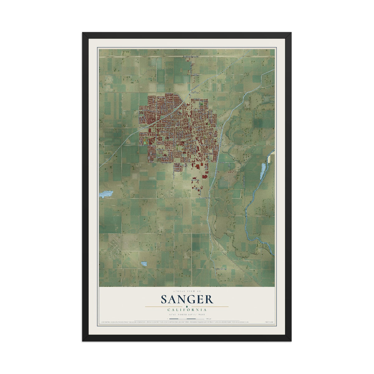 Map of Sanger, California, 12 x 18 inch print in a black wood frame
