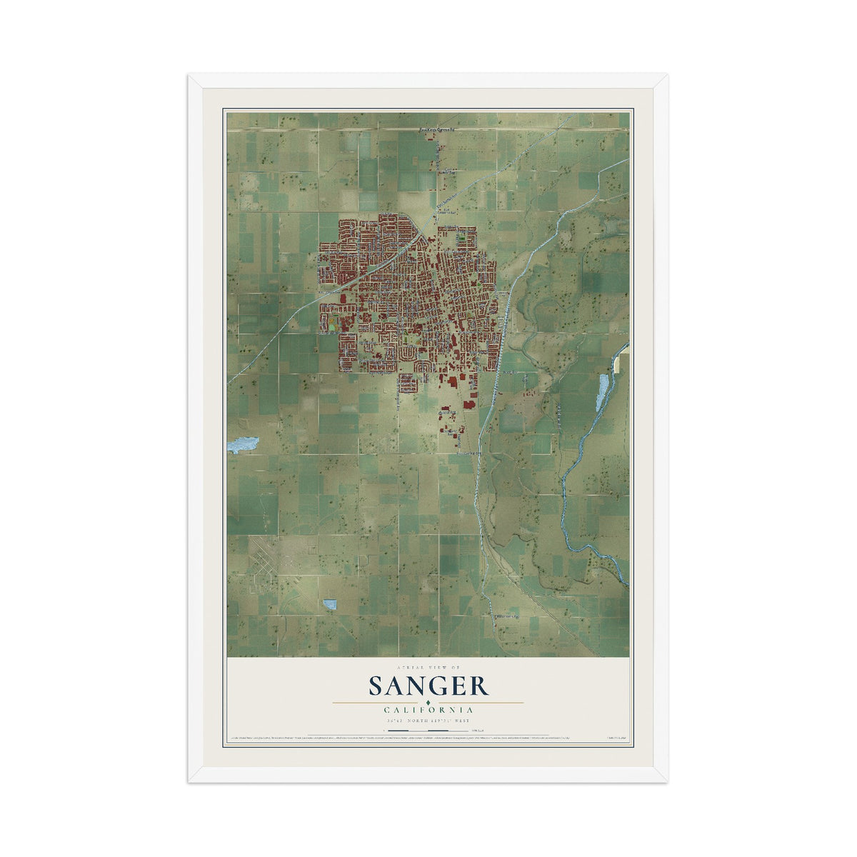 Map of Sanger, California, 12 x 18 inch print in a white wood frame