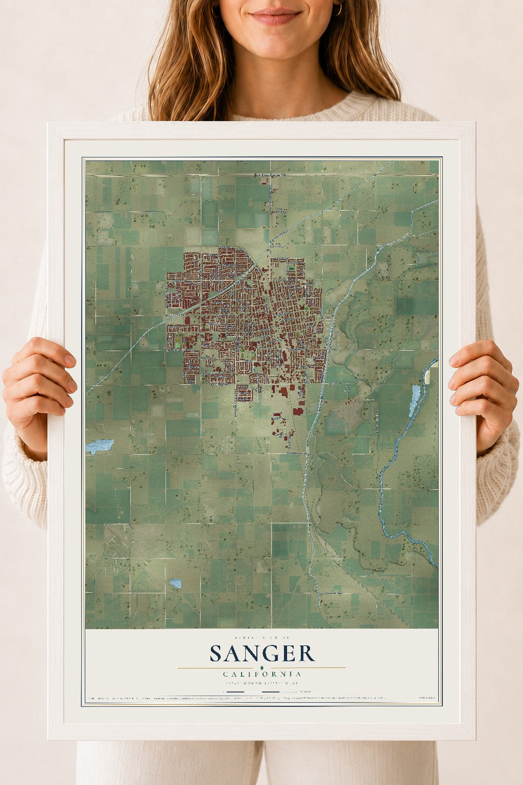 Map of Sanger, California, 18 x 24 inch print in a white wood frame