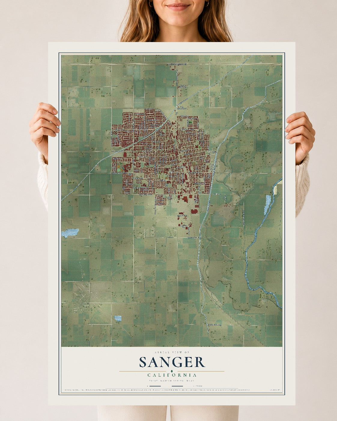 Map of Sanger, California, 24 x 36 inch unframed archival matte print