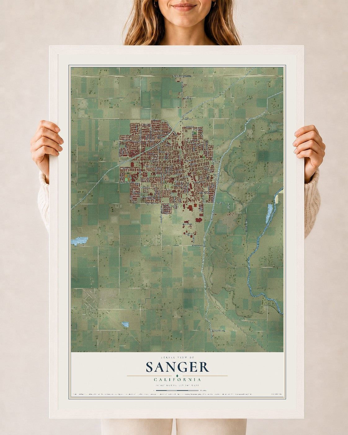 Map of Sanger, California, 24 x 36 inch print in a white wood frame