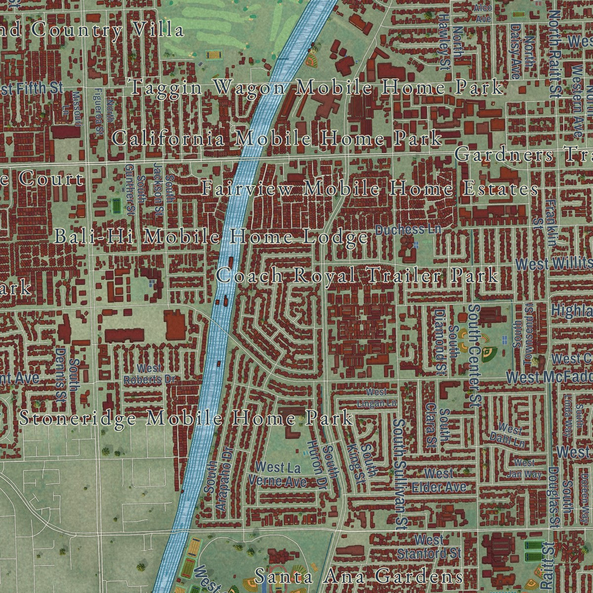 Second close-up of the map of Santa Ana, California print showing more streets and buildings