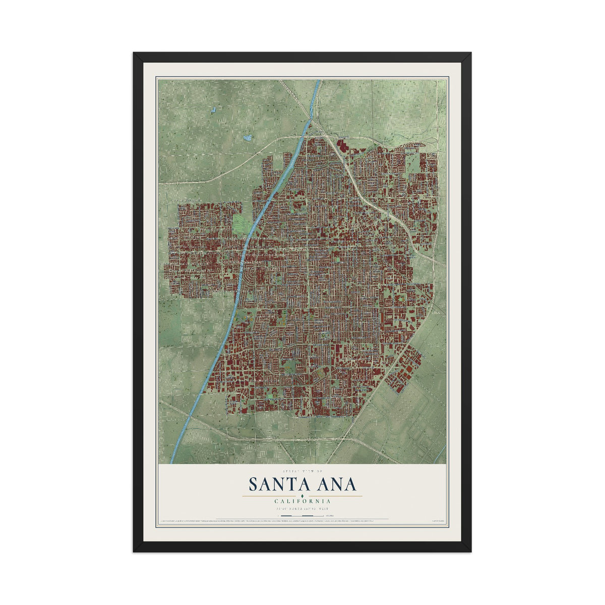 Map of Santa Ana, California, 12 x 18 inch print in a black wood frame