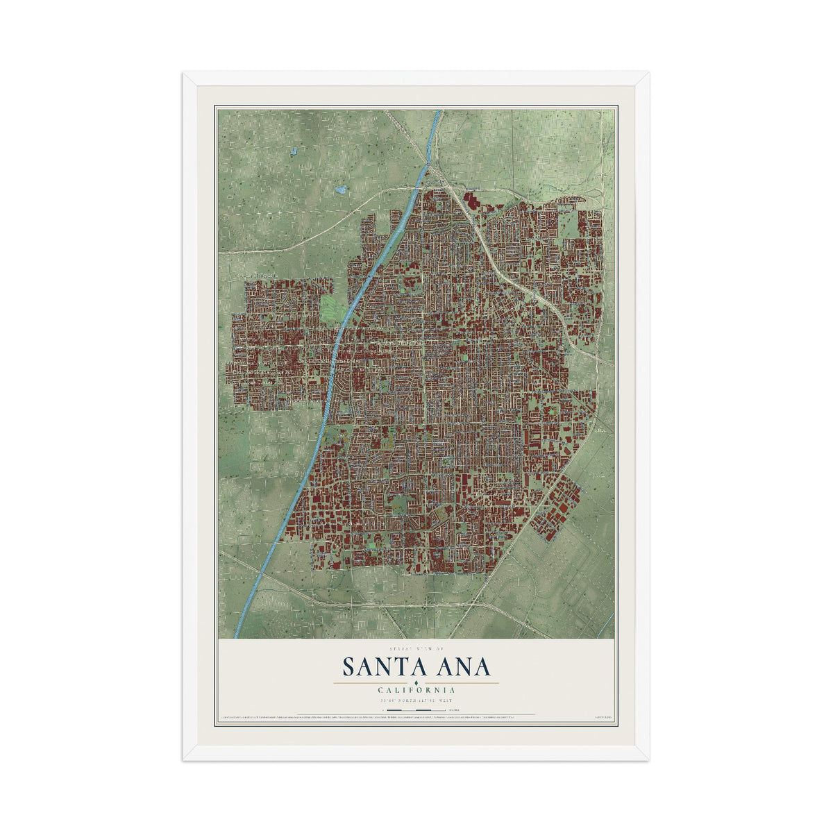 Map of Santa Ana, California, 12 x 18 inch print in a white wood frame