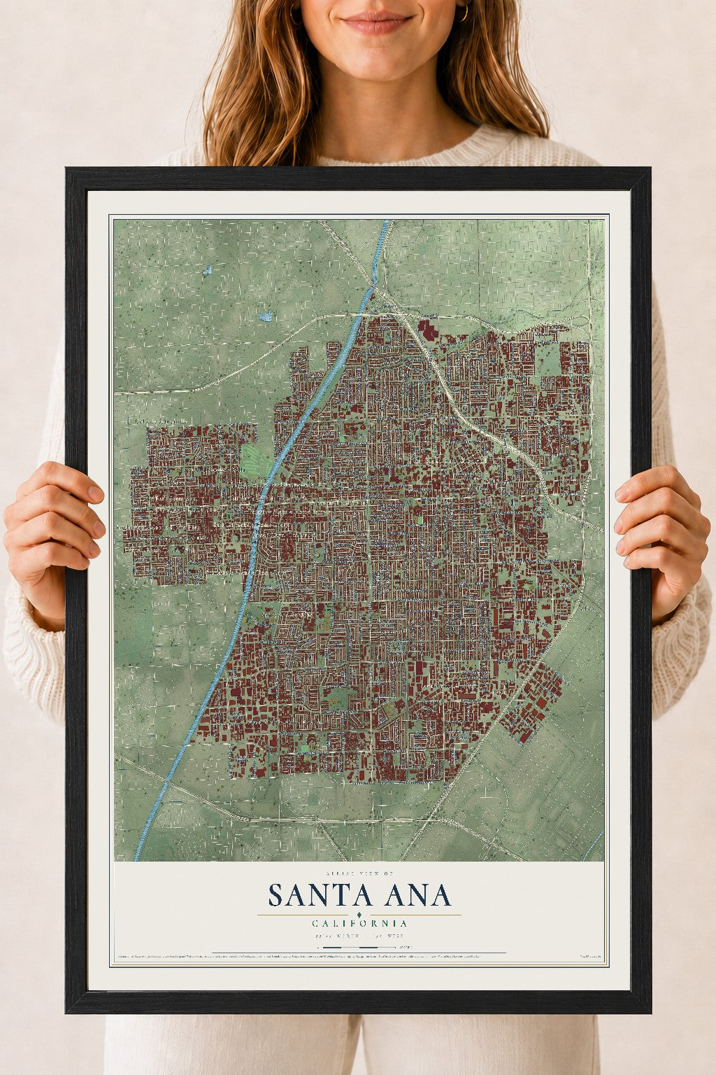 Map of Santa Ana, California, 18 x 24 inch print in a black wood frame