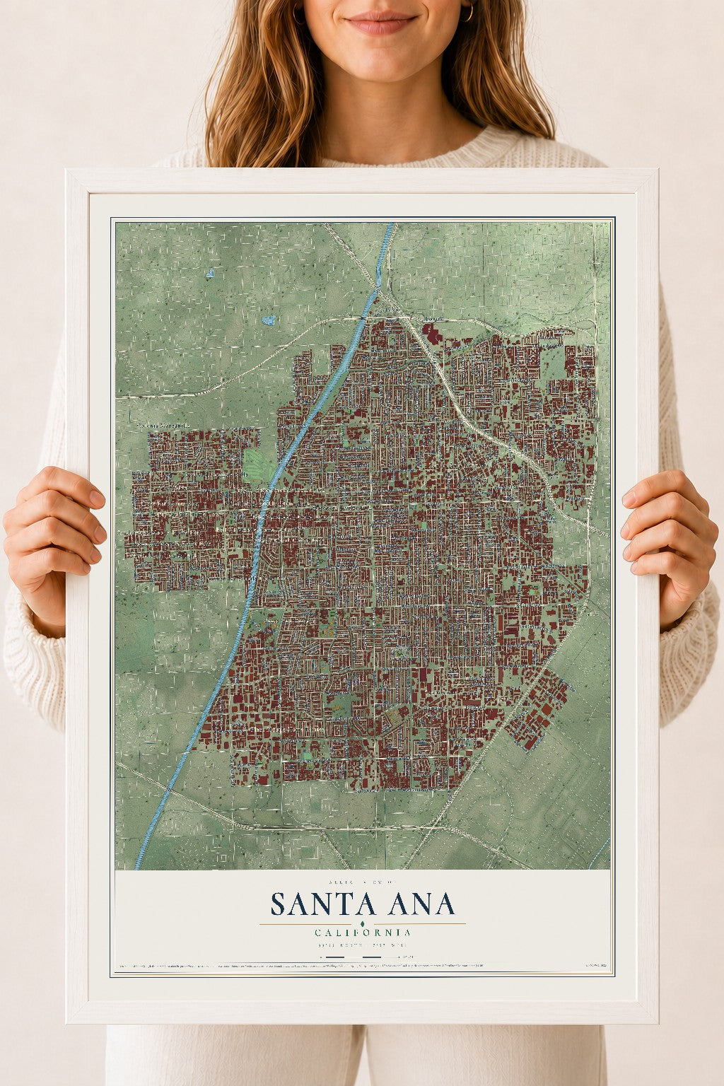 Map of Santa Ana, California, 18 x 24 inch print in a white wood frame