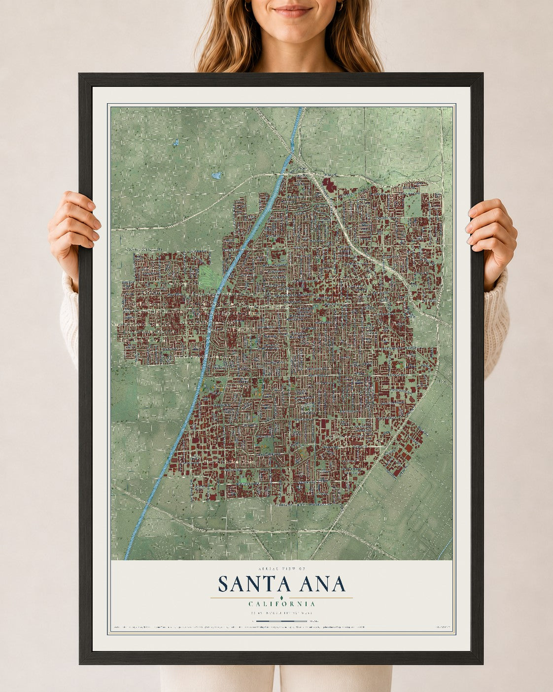Map of Santa Ana, California, 24 x 36 inch print in a black wood frame