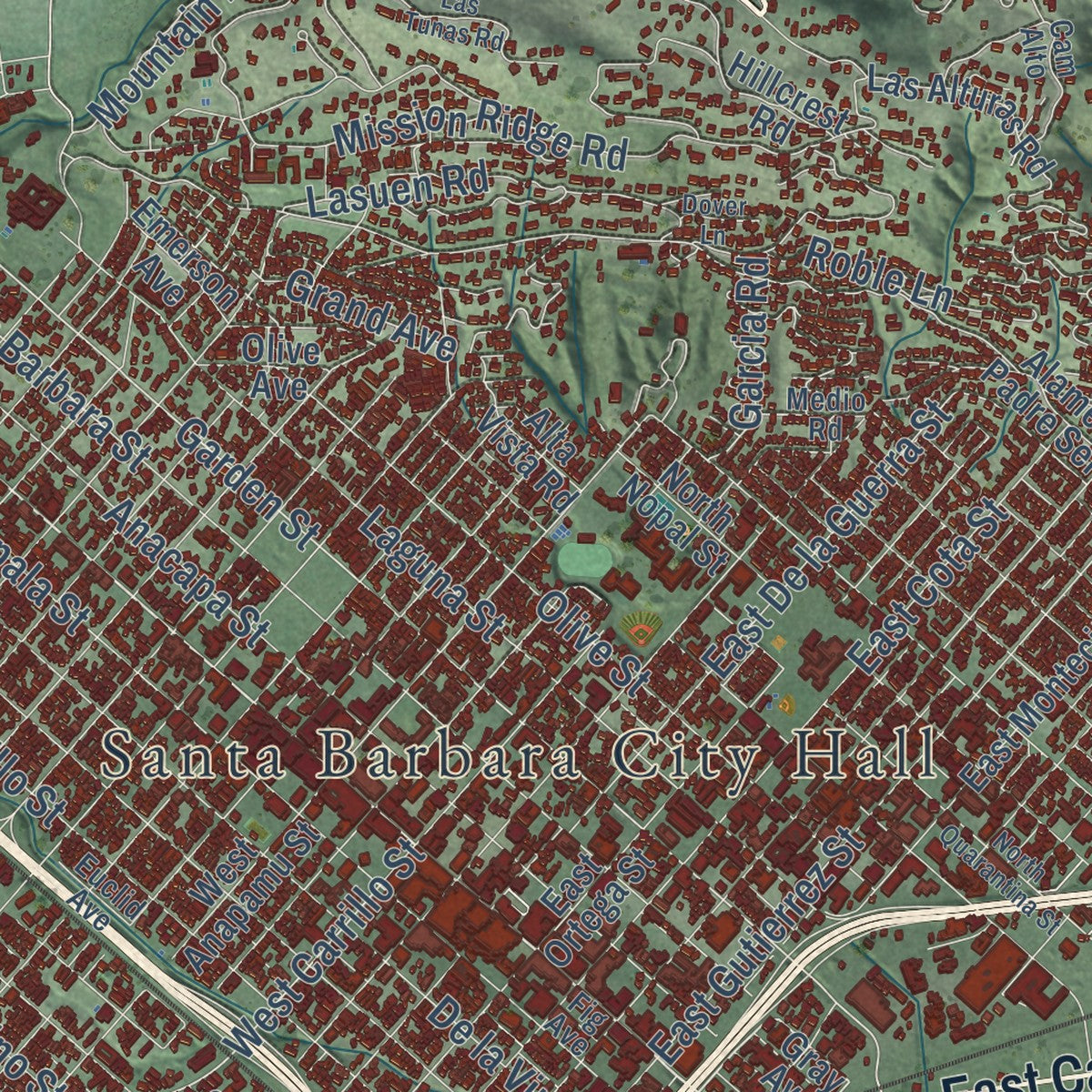 Close-up of the map of Santa Barbara, California print showing street and building detail