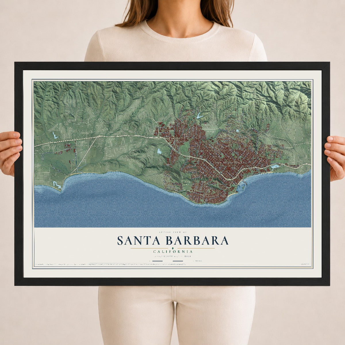 Map of Santa Barbara, California, 18 x 24 inch print in a black wood frame