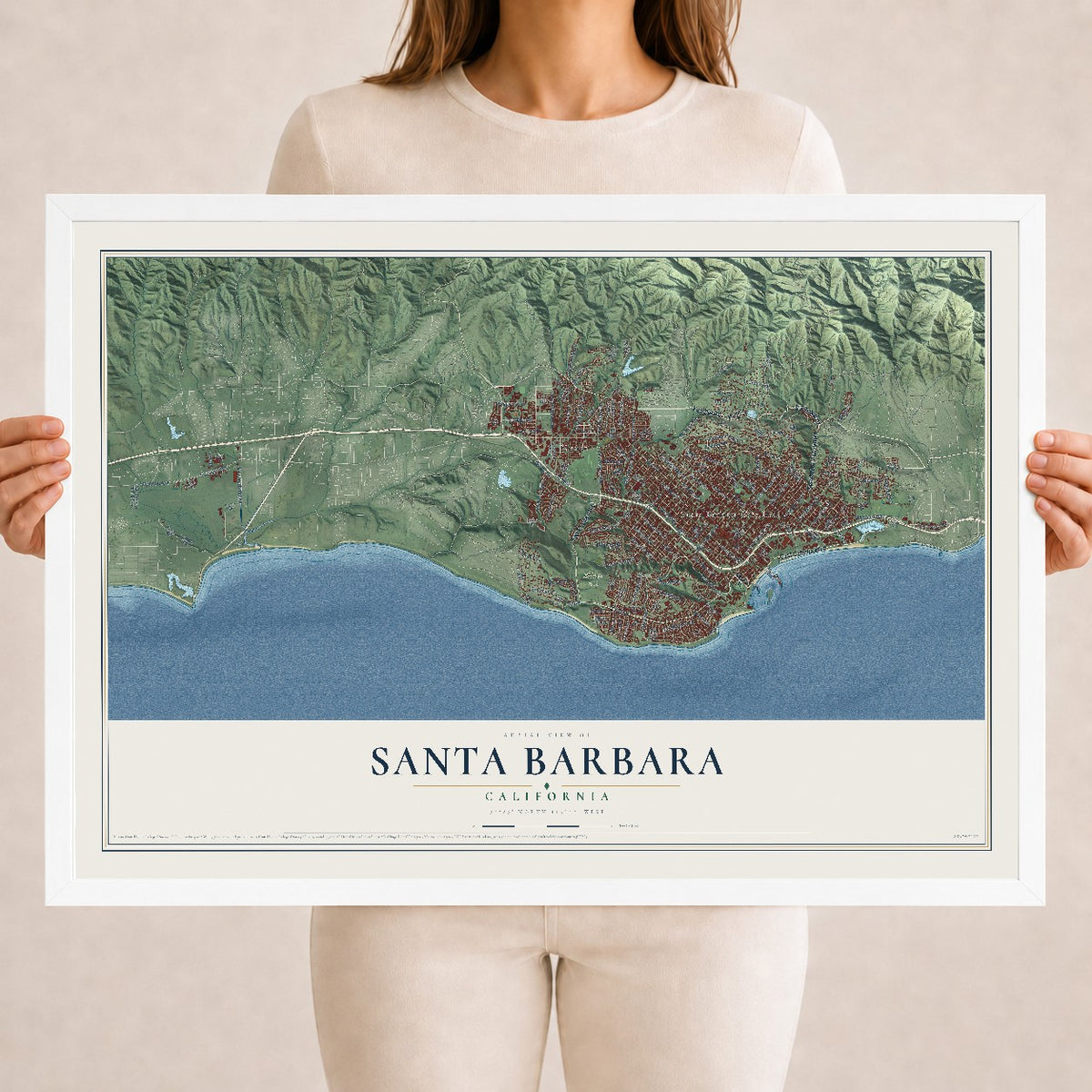 Map of Santa Barbara, California, 18 x 24 inch print in a white wood frame
