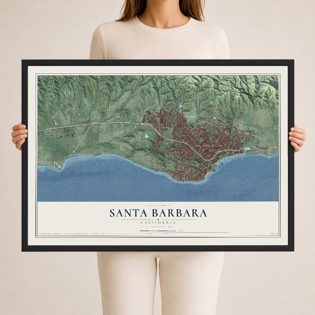 Map of Santa Barbara, California, 24 x 36 inch print in a black wood frame
