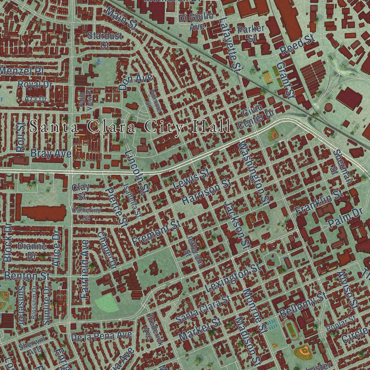 Second close-up of the map of Santa Clara, California print showing more streets and buildings