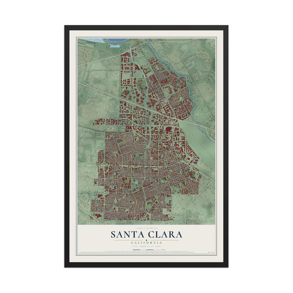 Map of Santa Clara, California, 12 x 18 inch print in a black wood frame