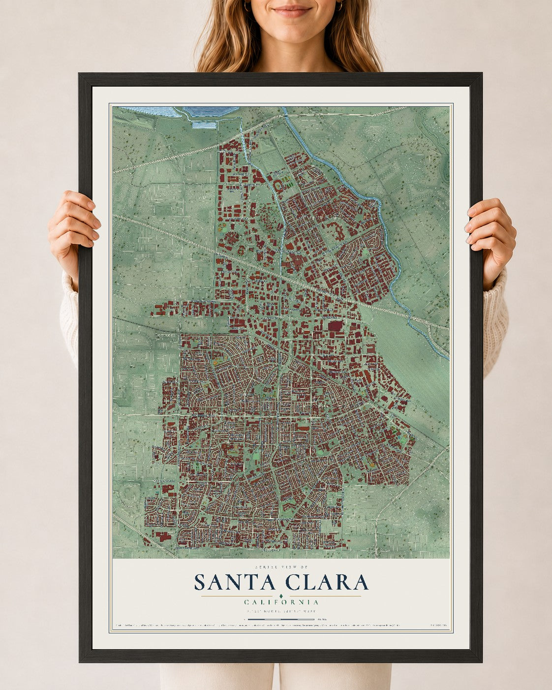 Map of Santa Clara, California, 24 x 36 inch print in a black wood frame