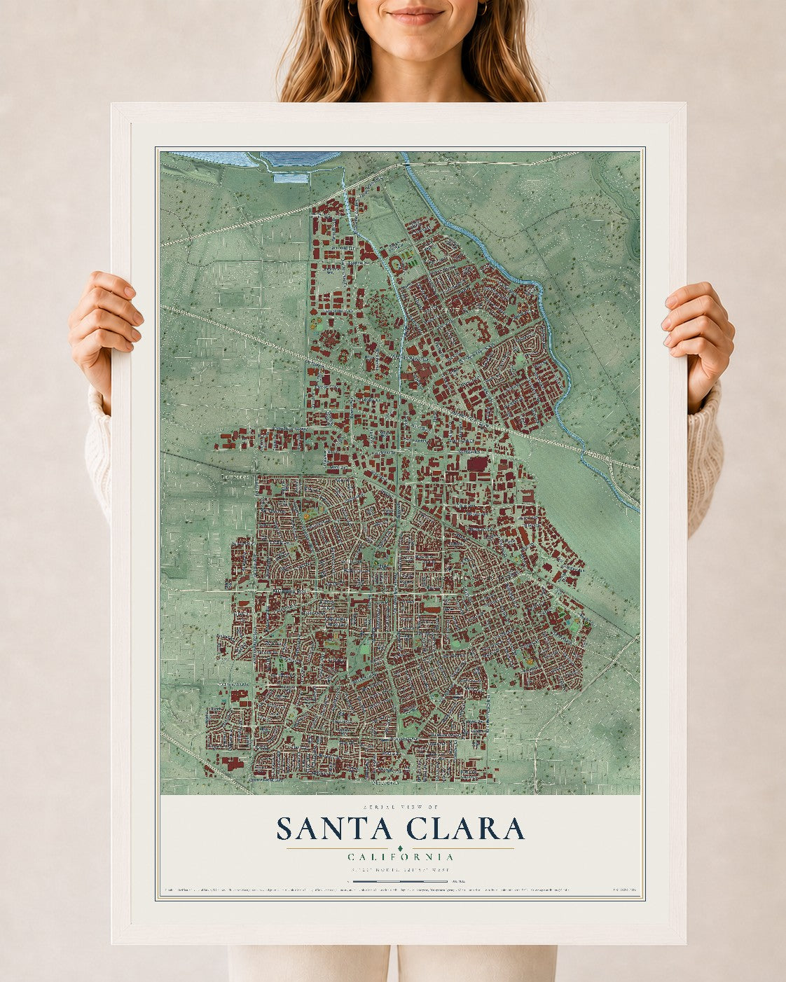 Map of Santa Clara, California, 24 x 36 inch print in a white wood frame