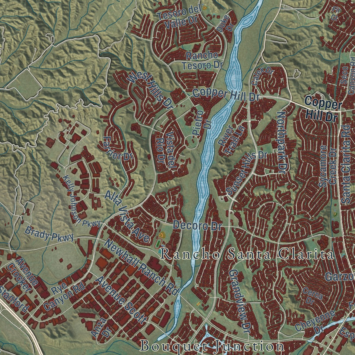 Second close-up of the map of Santa Clarita, California print showing more streets and buildings