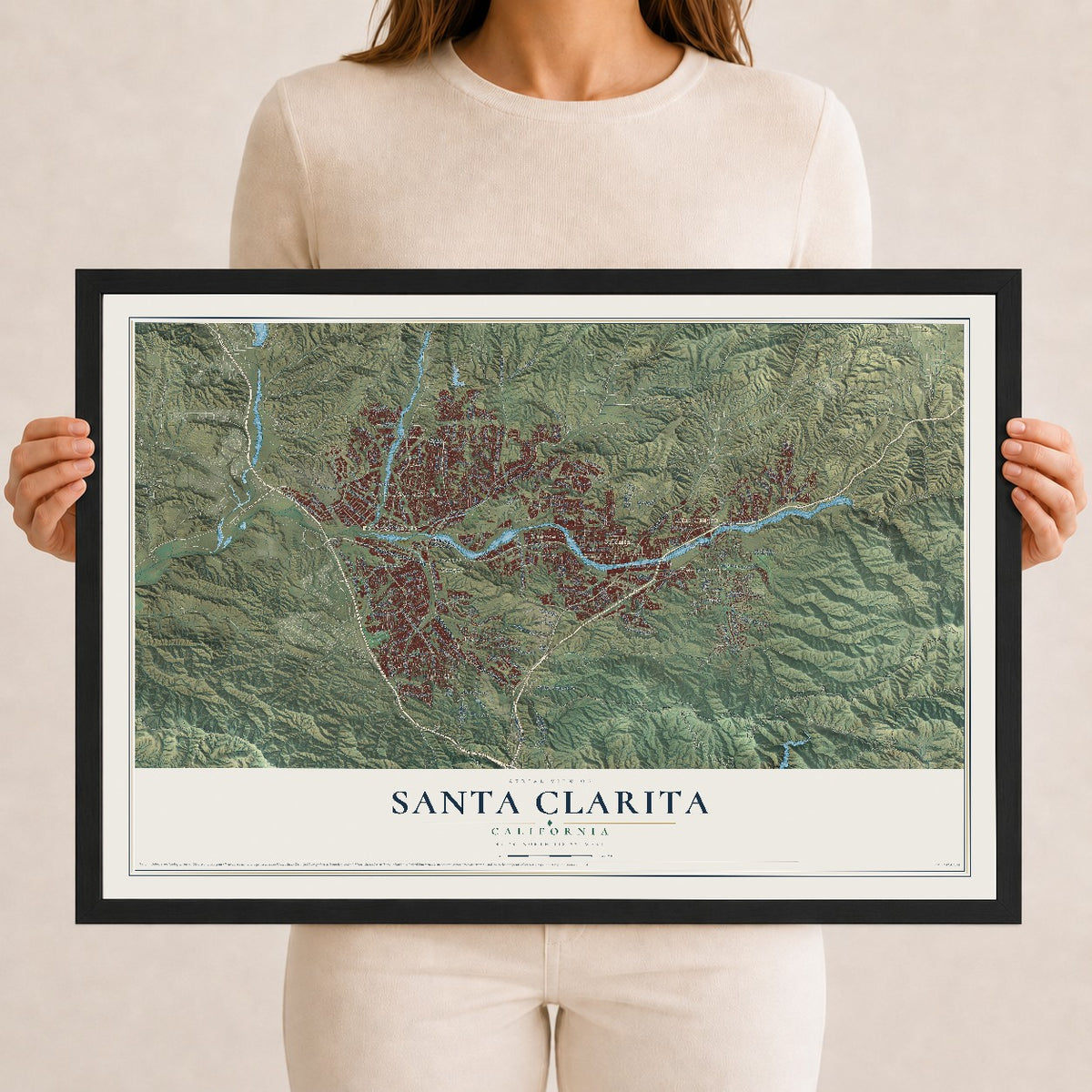 Map of Santa Clarita, California, 12 x 18 inch print in a black wood frame