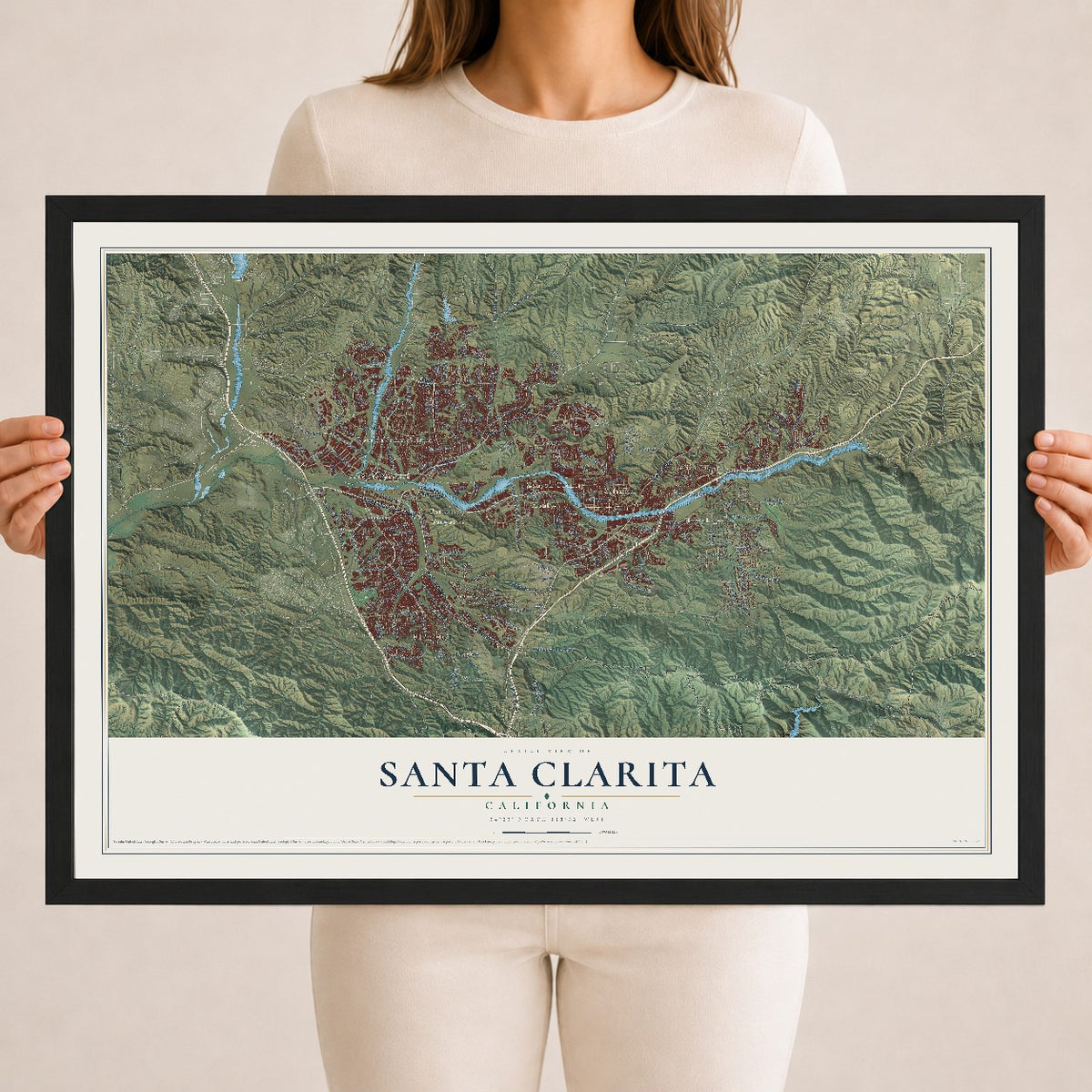 Map of Santa Clarita, California, 18 x 24 inch print in a black wood frame