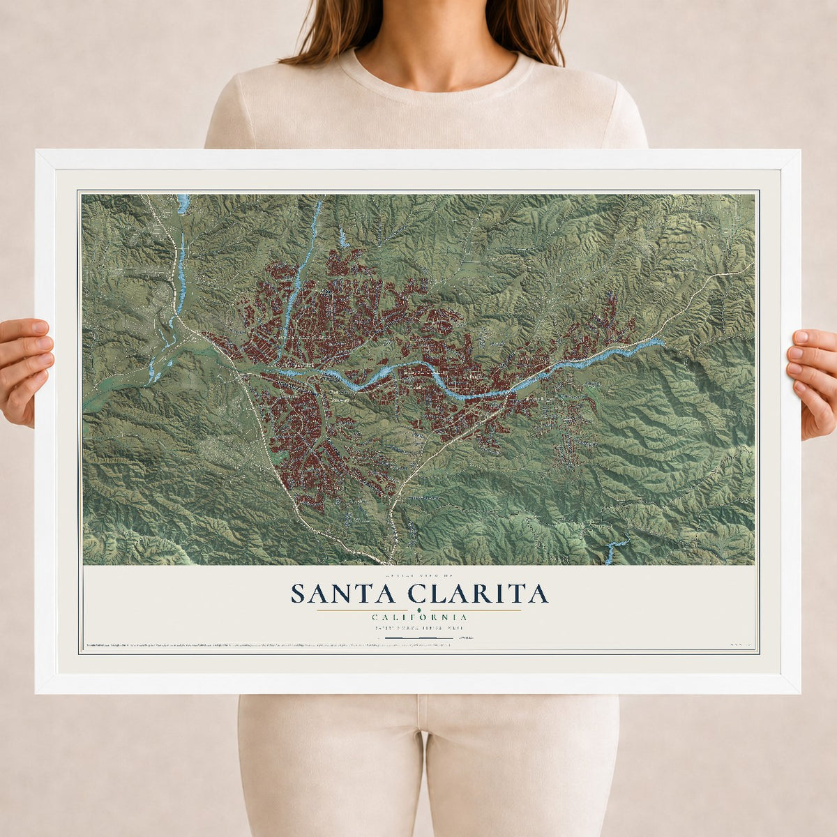 Map of Santa Clarita, California, 18 x 24 inch print in a white wood frame