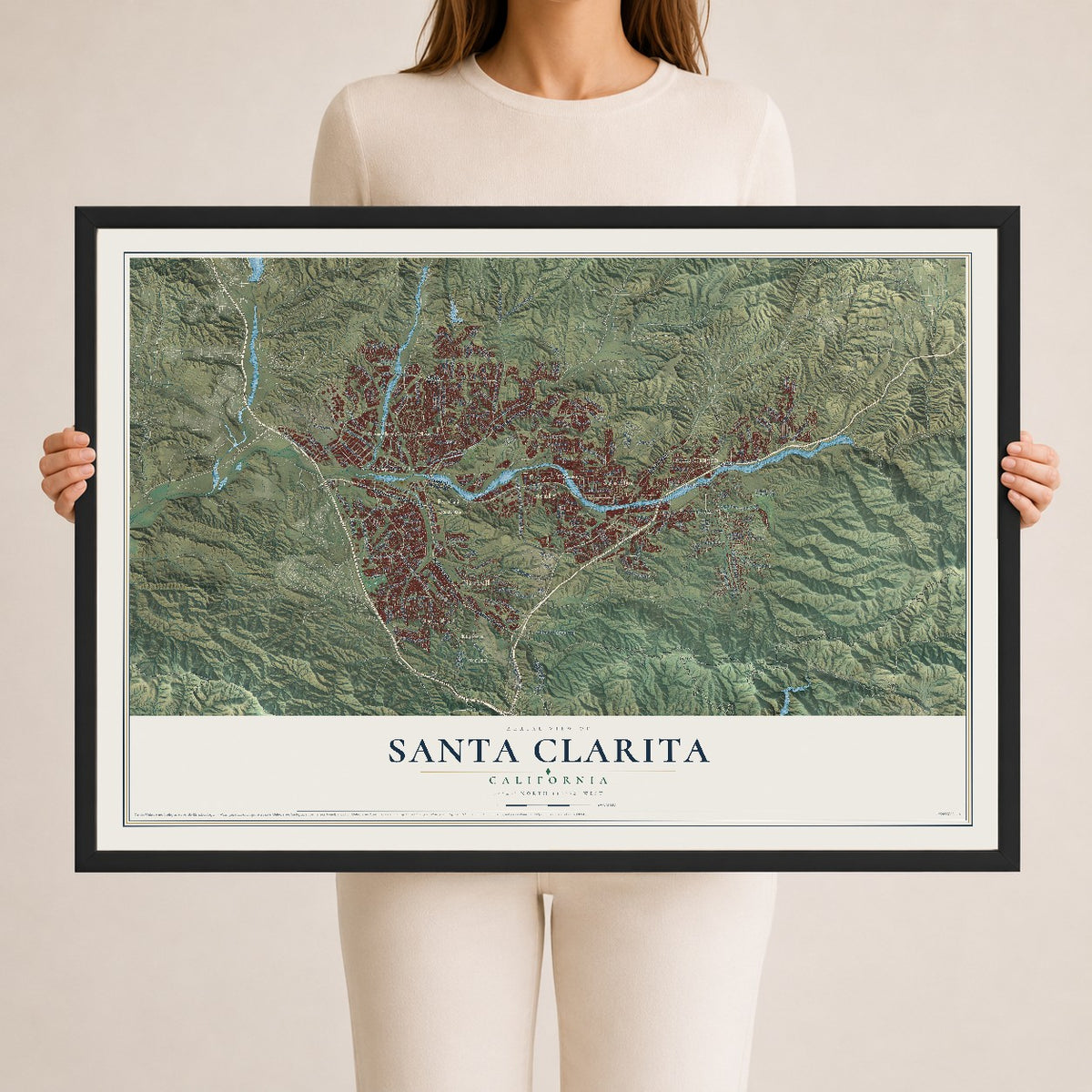 Map of Santa Clarita, California, 24 x 36 inch print in a black wood frame