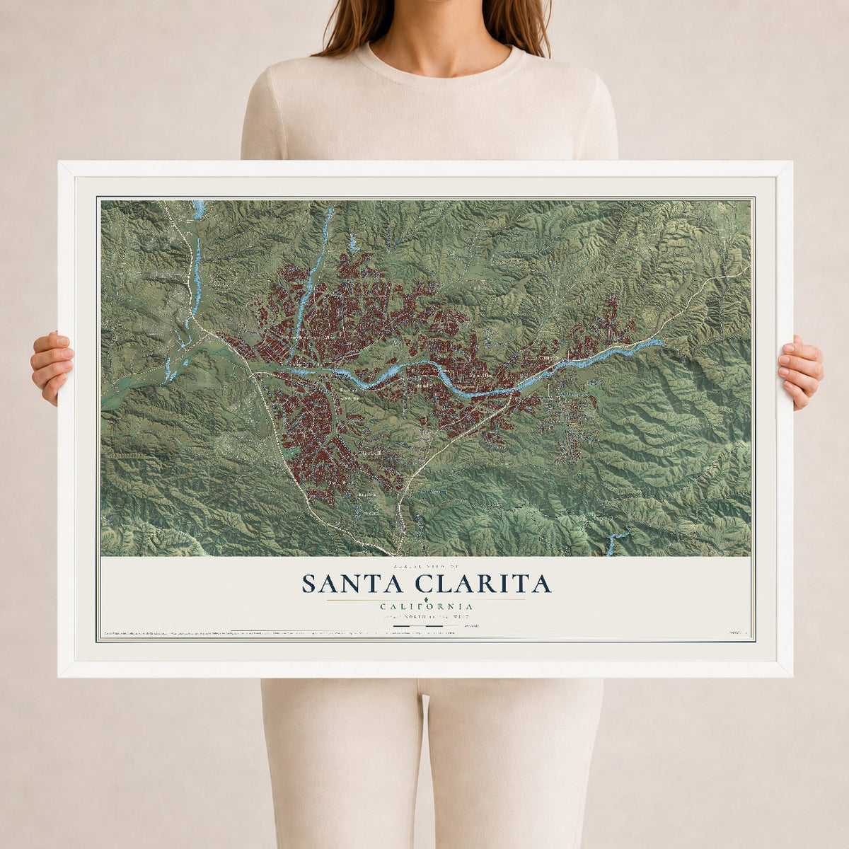 Map of Santa Clarita, California, 24 x 36 inch print in a white wood frame