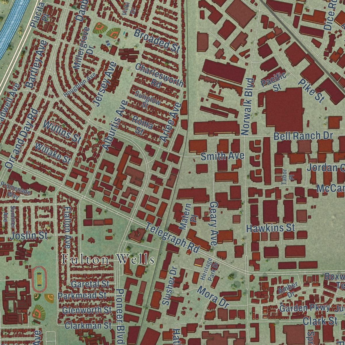 Close-up of the map of Santa Fe Springs, California print showing street and building detail