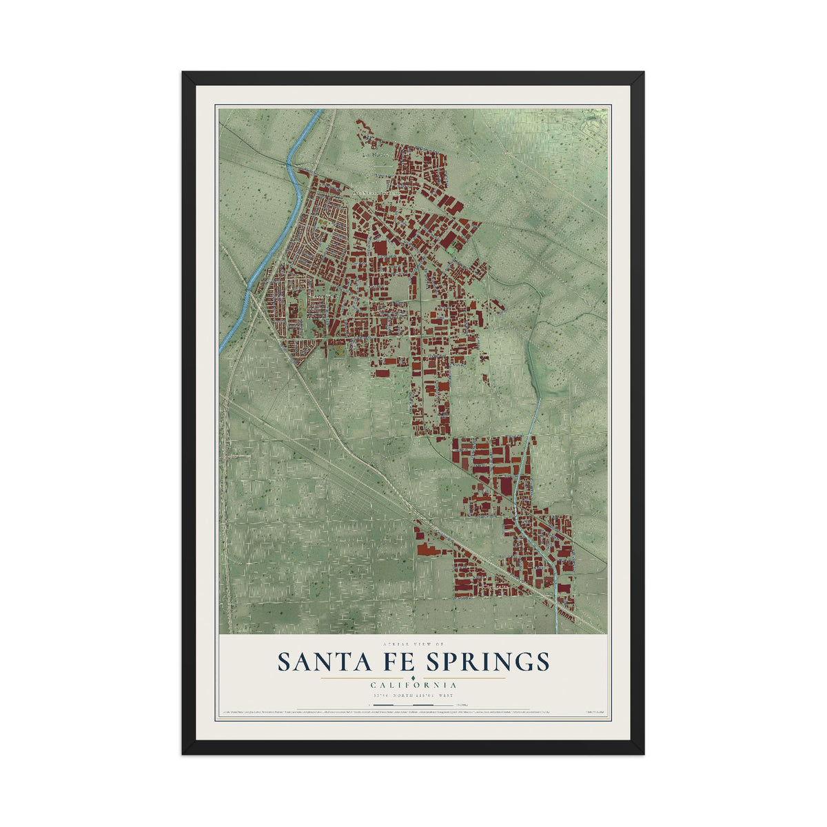 Map of Santa Fe Springs, California, 12 x 18 inch print in a black wood frame