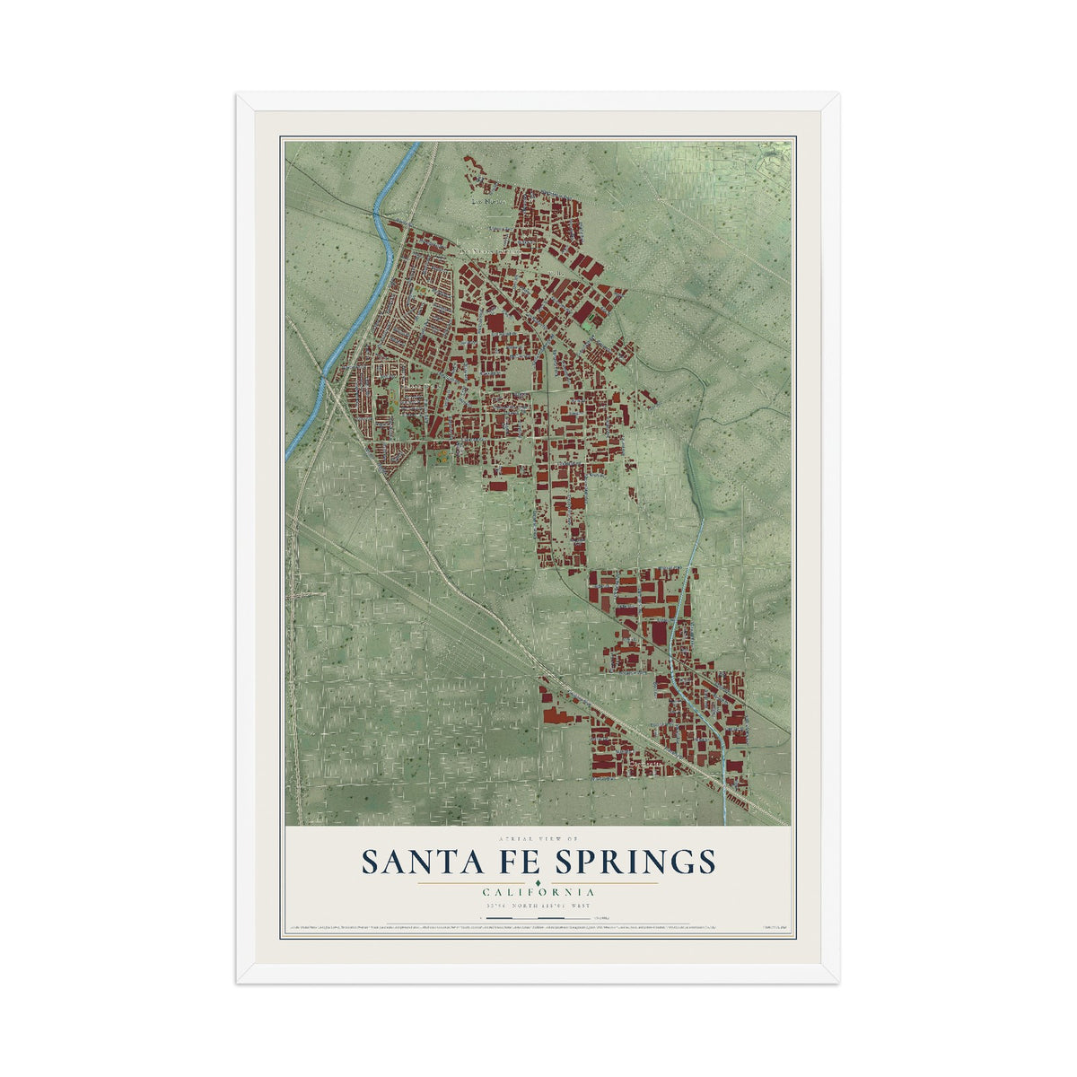 Map of Santa Fe Springs, California, 12 x 18 inch print in a white wood frame
