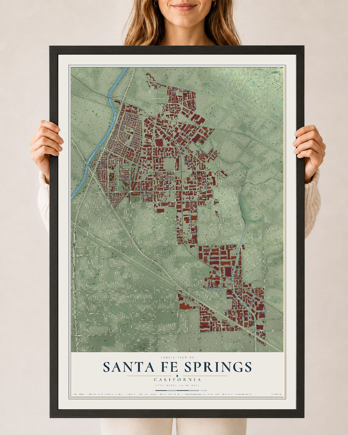 Map of Santa Fe Springs, California, 24 x 36 inch print in a black wood frame