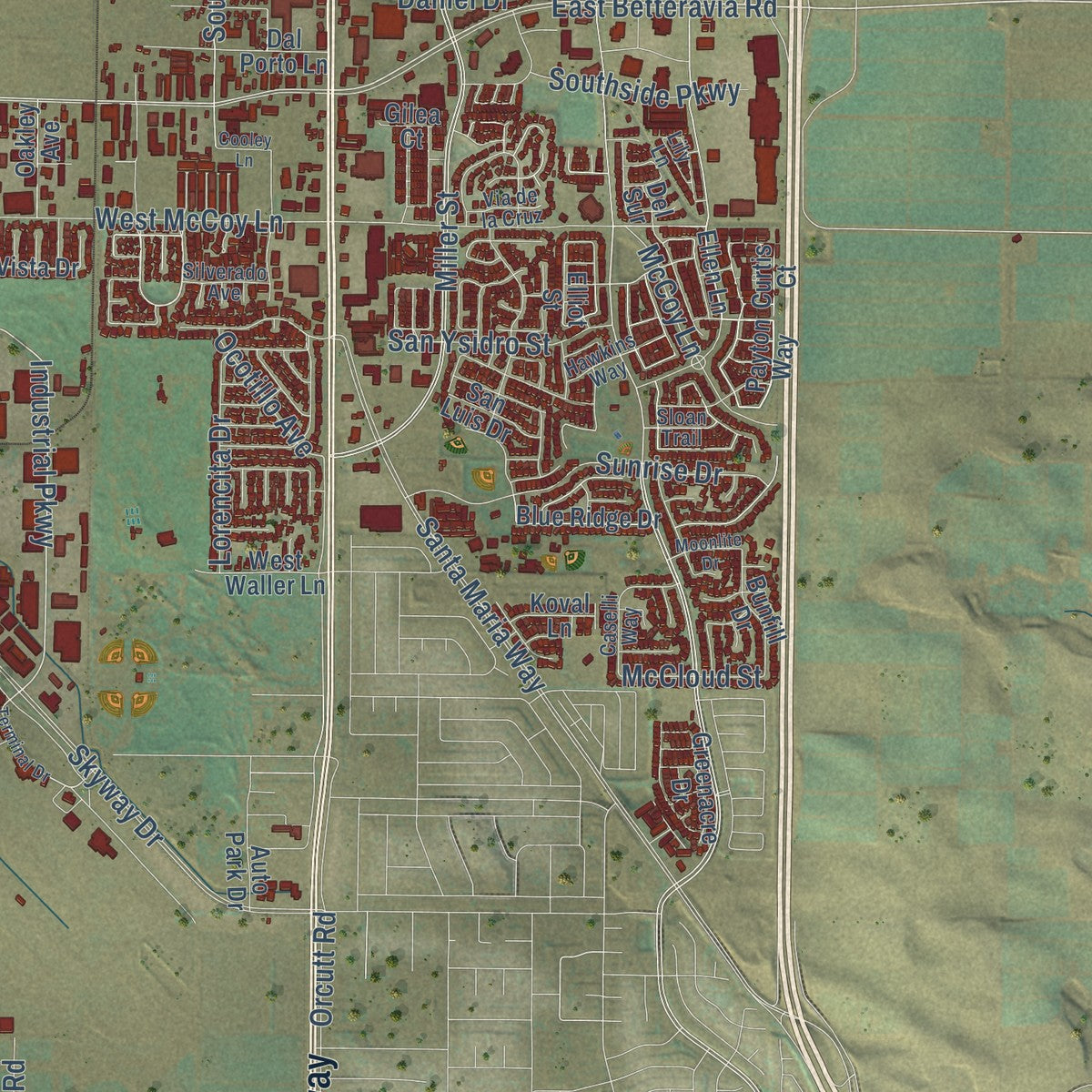 Second close-up of the map of Santa Maria, California print showing more streets and buildings