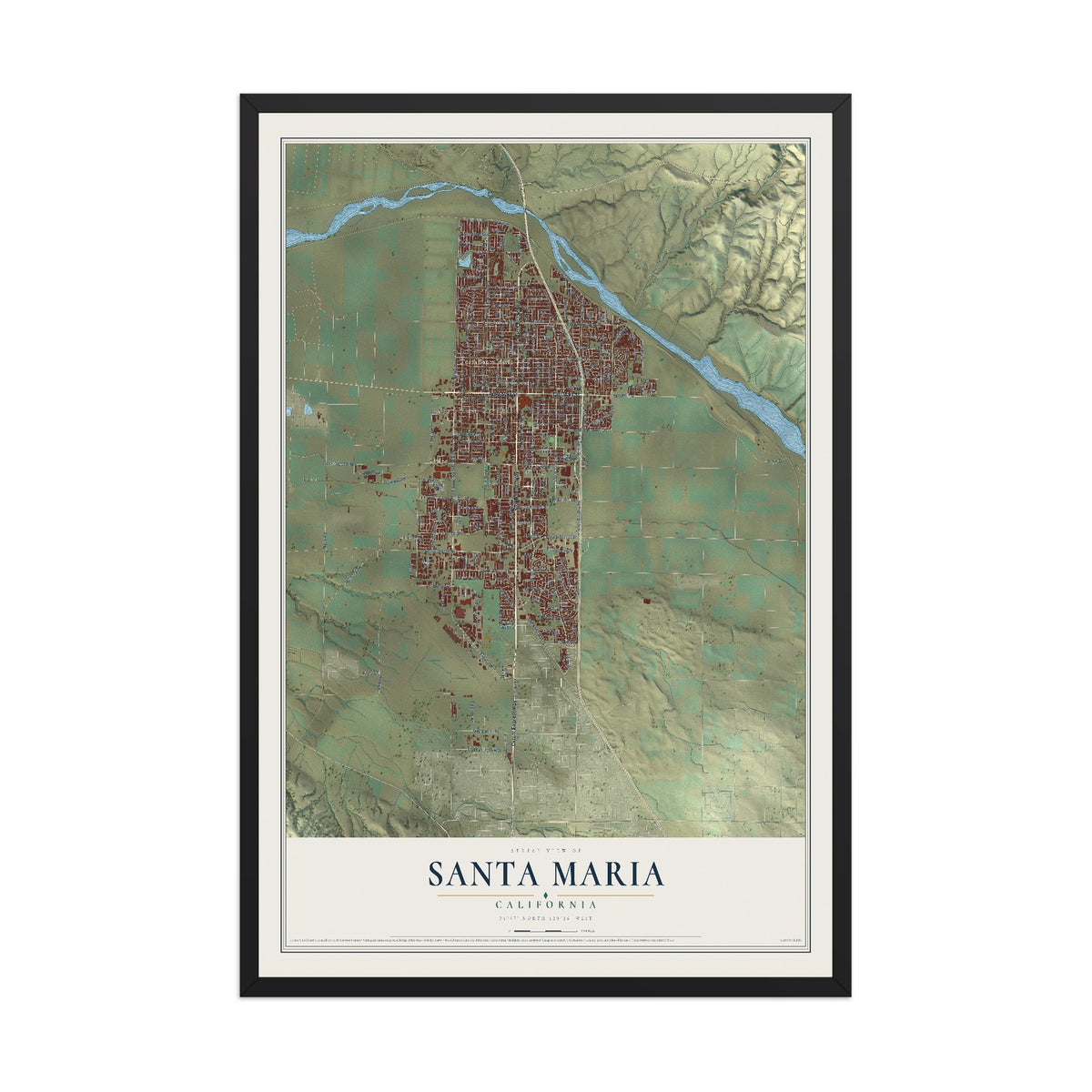 Map of Santa Maria, California, 12 x 18 inch print in a black wood frame