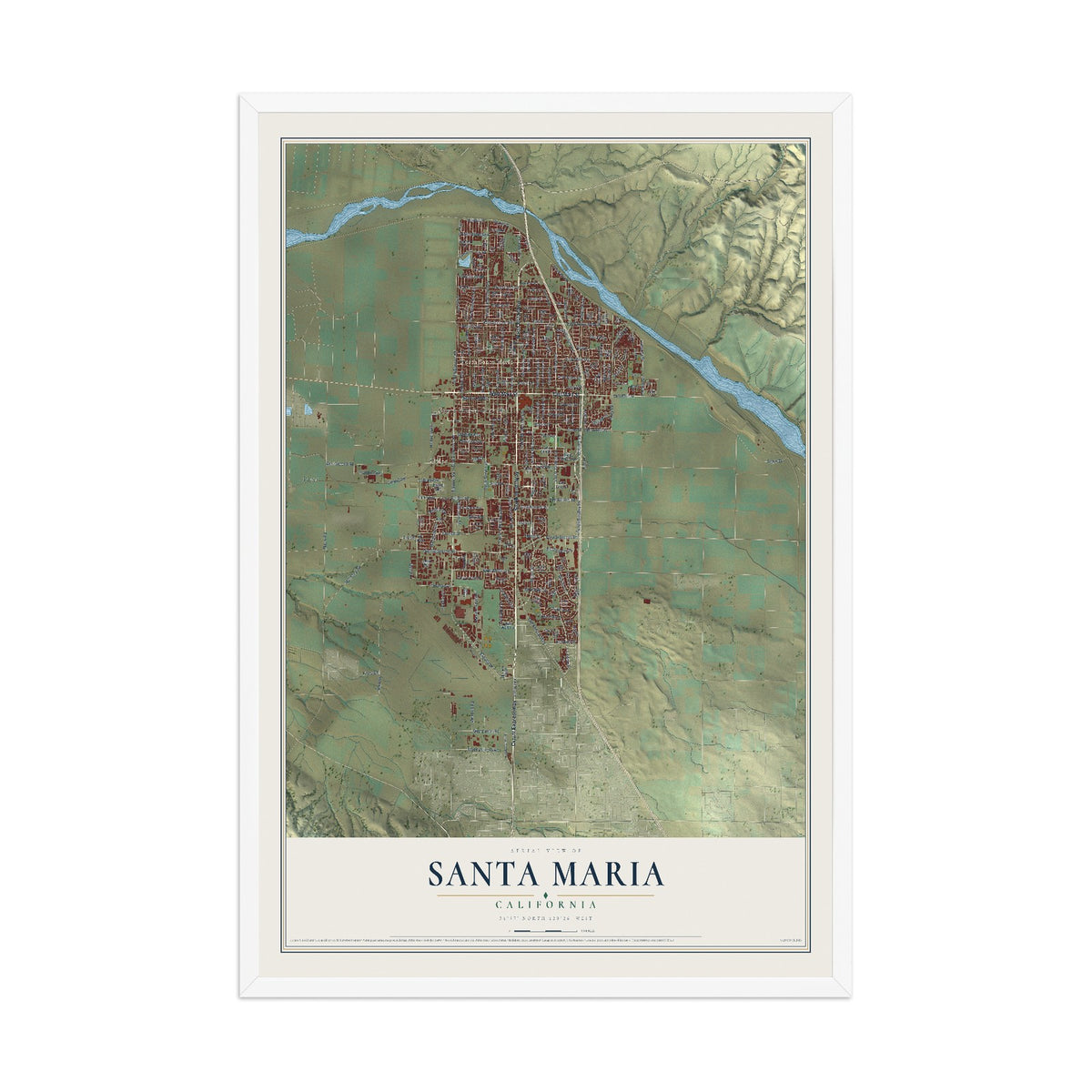 Map of Santa Maria, California, 12 x 18 inch print in a white wood frame