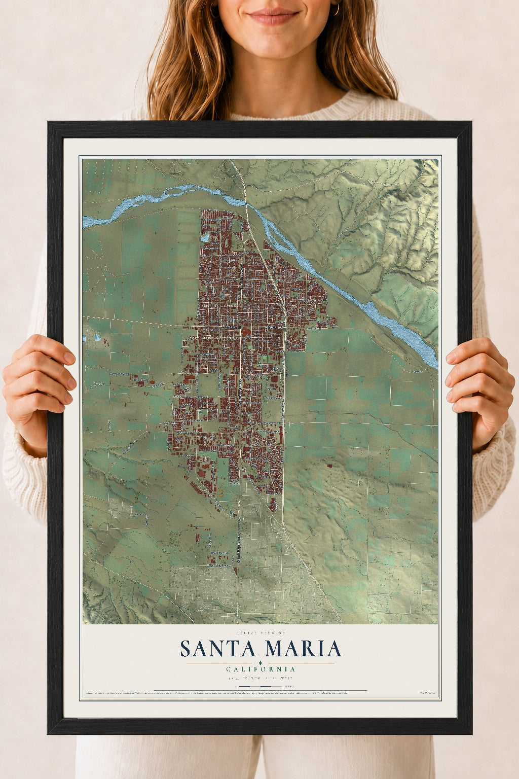 Map of Santa Maria, California, 18 x 24 inch print in a black wood frame