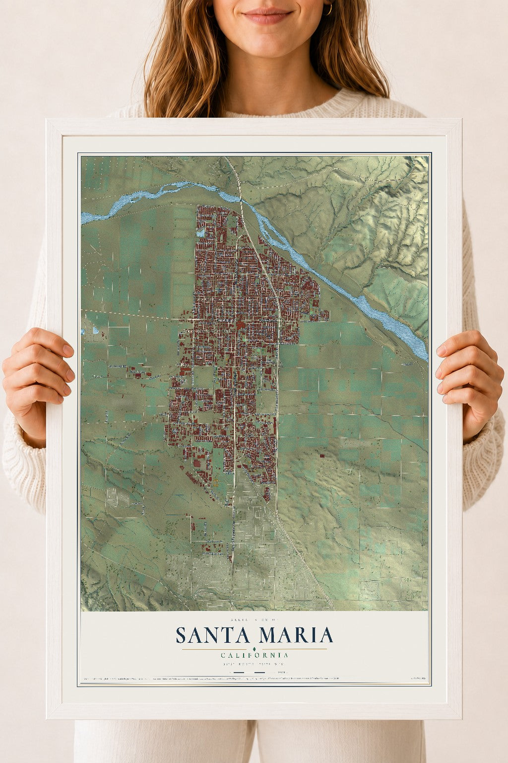 Map of Santa Maria, California, 18 x 24 inch print in a white wood frame